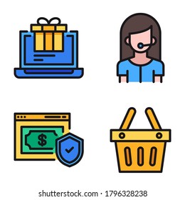 Ecommerce Icons Set (Filled Line) = laptop, customer service, money shield, basket bucket. Perfect for website mobile app, presentation, illustration and any other projects.