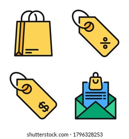 Ecommerce Icons Set (Filled Line) = shopping bag, discount, price tag, email. Perfect for website mobile app, presentation, illustration and any other projects.
