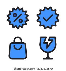 Ecommerce icons set (Filled Line) = discount, checklist, shopping bag, fragile. Perfect for website mobile app, app icons, presentation, illustration and any other projects.