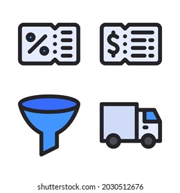 Ecommerce icons set (Filled Line) =shopping pin, logistics, hanger, megaphone . Perfect for website mobile app, app icons, presentation, illustration and any other projects.