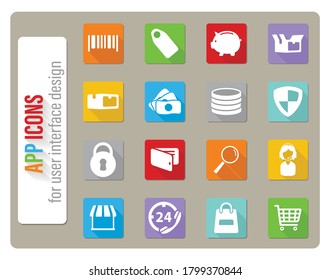 E-commerce icons set in flat design with long shadow