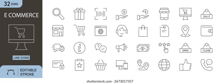 Conjunto de iconos de comercio electrónico. Incluye Carrito de compras, pago, descuento, entrega, paquete, tienda en línea, Completar compra y compras móviles. Iconos de trazo editables. Ideal para Sitios web, App y marketing.