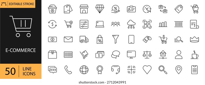 Conjunto de iconos de comercio electrónico. Incluye símbolos de compras en línea, Carritos, pagos, entrega, escaparates, descuentos y transacciones digitales. Trazo editable. Ilustración vectorial. Iconos de contorno.