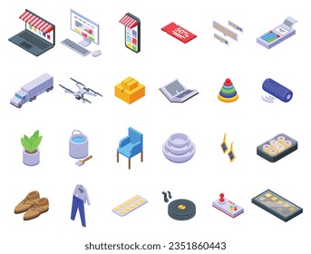 E-Commerce-Symbole setzen isometrische Vektorgrafik. Online-Shop. Speicherkarte