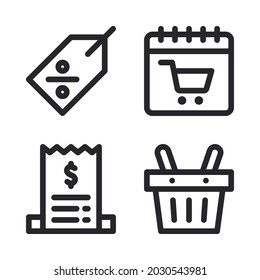 Ecommerce icons set = label discount, calendar, bill, bucket. Perfect for website mobile app, app icons, presentation, illustration and any other projects.