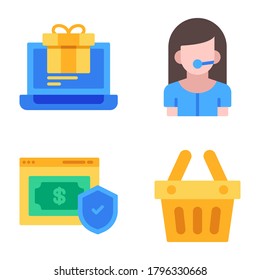 Ecommerce Icons Set = laptop, customer service, money shield, basket bucket. Perfect for website mobile app, presentation, illustration and any other projects.
