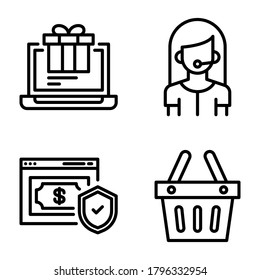 Ecommerce Icons Set = laptop, customer service, money shield, basket bucket. Perfect for website mobile app, presentation, illustration and any other projects.