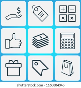 E-commerce icons set with like, badge, gift and other calculation tool elements. Isolated vector illustration e-commerce icons.
