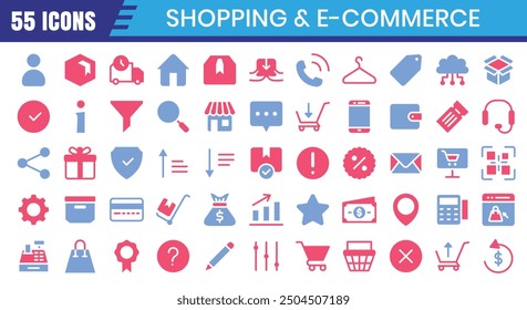 E-Commerce icons set. Online shopping flat two-color icon collection. Editable stroke. Vector illustration