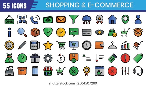 E-Commerce icons set. Online shopping filled outline icon collection. Editable stroke. Vector illustration
