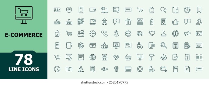 E-commerce icons set. Online shopping and Business line icon collection. Mimimalist marketing icon set. Editable stroke.
