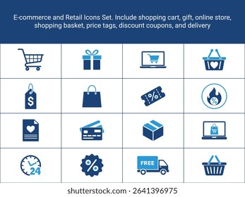E-commerce Icons Set. online shopping icons. Include shopping cart, gift, online store,
shopping basket, price tags, discount coupons, and delivery. solid, flat icons