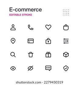 Juego de iconos de comercio electrónico. Iconos modificables de esquema. Conjunto de iconos de línea vectorial. Diseño de línea delgada simple.