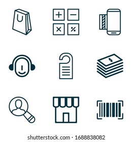 E-commerce icons set with paper money, tag, find audience and other shop elements. Isolated vector illustration e-commerce icons.