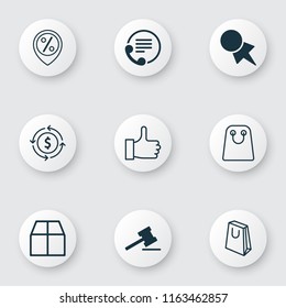 E-commerce icons set with parcel, currency interchange, paper tag and other discount coupon elements. Isolated vector illustration e-commerce icons.