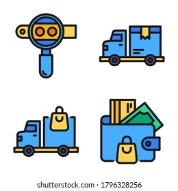 Ecommerce Icons Set = search engine, shopping delivery, delivery truck, wallet. Perfect for website mobile app, presentation, illustration and any other projects.