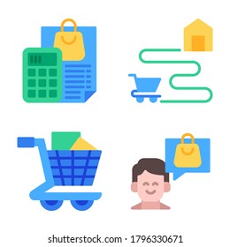 Ecommerce Icons Set = shopping calculator, delivery order, trolley, shopping think. Perfect for website mobile app, presentation, illustration and any other projects.