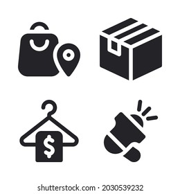 Ecommerce icons set =shopping pin, logistics, hanger, megaphone . Perfect for website mobile app, app icons, presentation, illustration and any other projects.