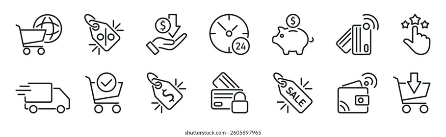 E-commerce icons set, such as delivery, online shopping, store, secure payment and and more.