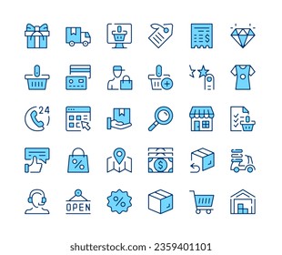 Conjunto de iconos de Ecommerce. Iconos de la línea del vector. Símbolos de trazo de contorno de color azul. Conceptos modernos