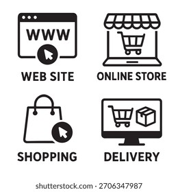 Conjunto de ícones de comércio eletrônico — Site, Loja on-line, Saco de compras, Símbolos de entrega em estilo de linha preta