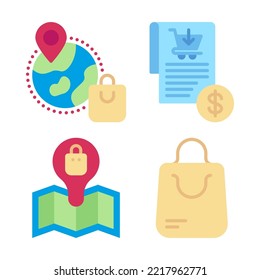 Ecommerce icons set = worldwide, invoice, store map, shopping bag. Perfect for website mobile app, app icons, presentation, illustration and any other projects