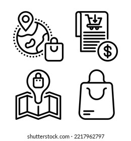 Iconos de Ecommerce = mundial, factura, mapa de tiendas, bolsa de compras. Perfecto para aplicaciones móviles web, iconos de aplicaciones, presentación, ilustración y cualquier otro proyecto