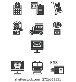 Iconos de comercio electrónico que muestran la entrega y el Servicio al cliente en dispositivos digitales