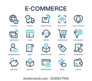 Ícones de comércio eletrônico, como entrega, compras online, loja, cartão de crédito e muito mais. Ilustração vetorial isolada em branco.