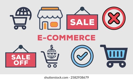 E-commerce icons, such as delivery, online shopping, store, credit card and more. Vector illustration isolated on white.