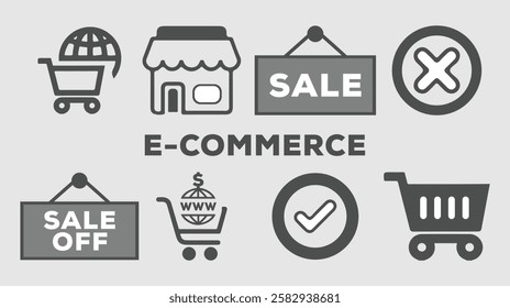 E-commerce icons, such as delivery, online shopping, store, credit card and more. Vector illustration isolated on white.