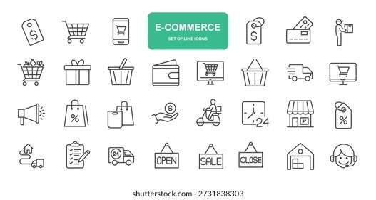 E-Commerce-Symbole. Sammlung von Symbolelementen für dünne Linien.