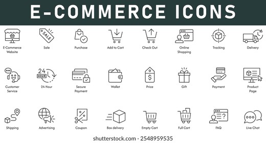 La Ilustración vectorial de iconos de comercio electrónico con trazo editable de línea delgada contiene la compra de venta de Sitio web Agregar al Carrito Echa un vistazo a la compra en línea Seguimiento de la entrega Servicio al cliente 24 horas Anunciar