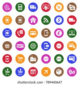 E-Commerce Icons. White Flat Design In Circle. Vector Illustration. 