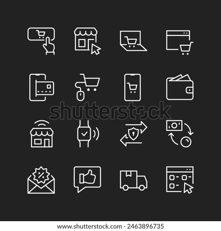 E-commerce icons, white lines on black background. Online shopping, payments, e-stores, money transfers. Safety and quality. Customizable line thickness.