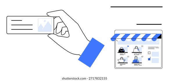 Comércio eletrônico, verificação de identidade, segurança cibernética, compras on-line, transações digitais, pequenas empresas. Mão segurando cartão de identificação, loja digital com produtos. Verificação de identidade e comércio eletrônico