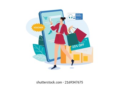 E-Commerce Illustration Konzept. Flache Illustration einzeln auf weißem Hintergrund