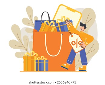 E-Commerce Illustration, Massive Shopping Bag with E-Commerce Products, Flat Vector Illustration.