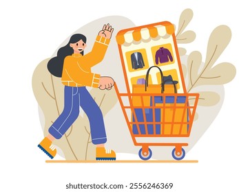 E-Commerce Illustration, Massive Shopping Cart Full of Products, Flat Vector Illustration.