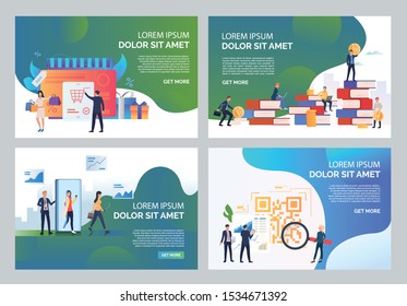 Ecommerce illustration set. People doing shopping, studying finance, scanning QR code. Business concept. Vector illustration for landing pages, presentation slide templates