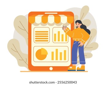 E-Commerce Illustration, Tablet Displaying Business Analytics, Flat Vector Illustration.