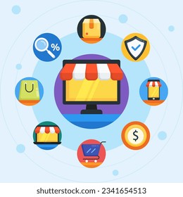 vector de ilustración de Ecommerce. Conjunto de iconos de la tienda en línea. Ordenador, bolso de compra, carrito, concepto circular de caja.