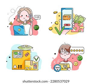 E-commerce illustrations set. Customer support, online payment, parcel delivery, leave feedback. Cartoon vector tutorials for marketplaces and online shops.