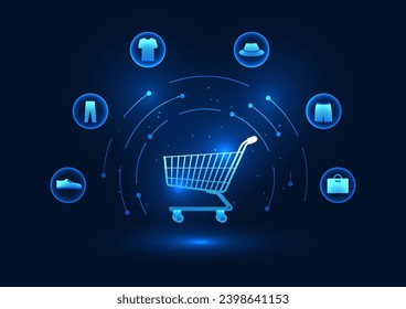 Industria del comercio electrónico La creación de una tienda en línea a través de Internet o de una aplicación no requiere una tienda. Carro de compras y zapatos de ropa, iconos, ilustración vectorial