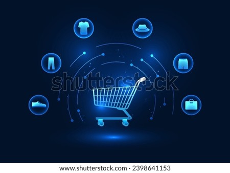 E-commerce industry Setting up an online store via the Internet or an application does not require a storefront. Shopping cart and clothes shoes, icons, Vector illustration