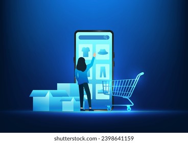 E-commerce industry Women choosing products on a smartphone Selling products online through the internet or applications does not require a storefront, convenient for both buyers and sellers