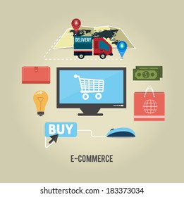 E-commerce infographic concept of purchasing product via internet, mobile shopping communication and delivery service