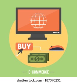 E-commerce infographic concept of purchasing product via internet, mobile shopping communication and delivery service