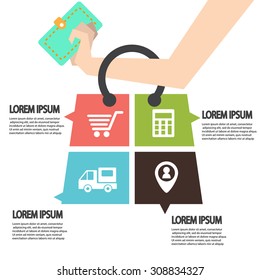 E-commerce infographic Template with bag . Concept add to bag. Set of modern design icons in flat design with trendy colors for web and apps.
