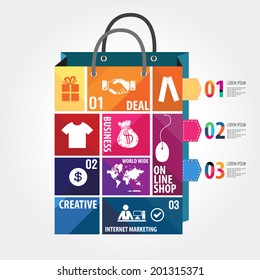 Plantilla infográfica de comercio electrónico con iconos de bolsa, puzzle e interfaz . El concepto se añade a la bolsa. 